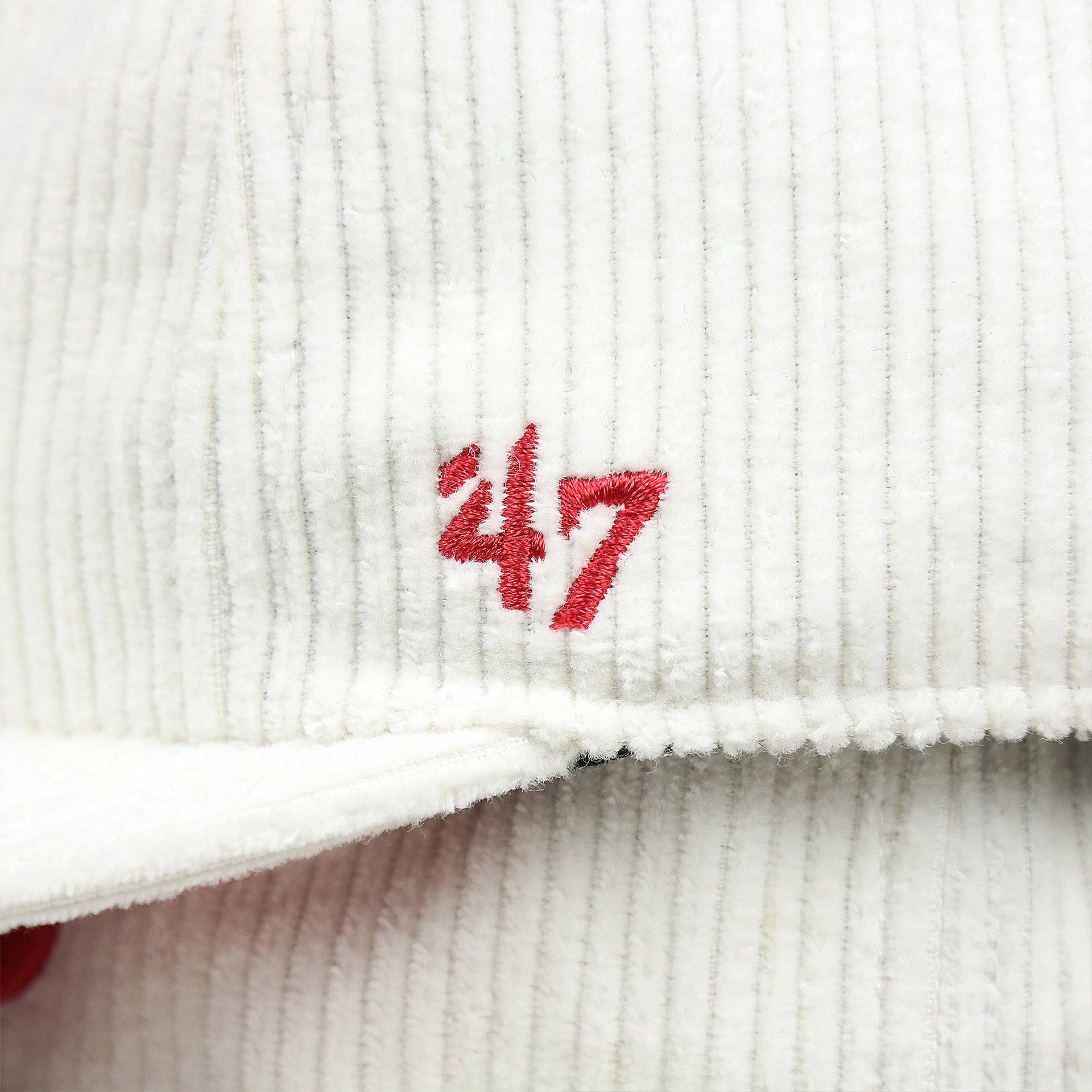 The 47 Brand Logo on the Philadelphia Phillies Corduroy Snapback Hat | White Corduroy Snap Cap