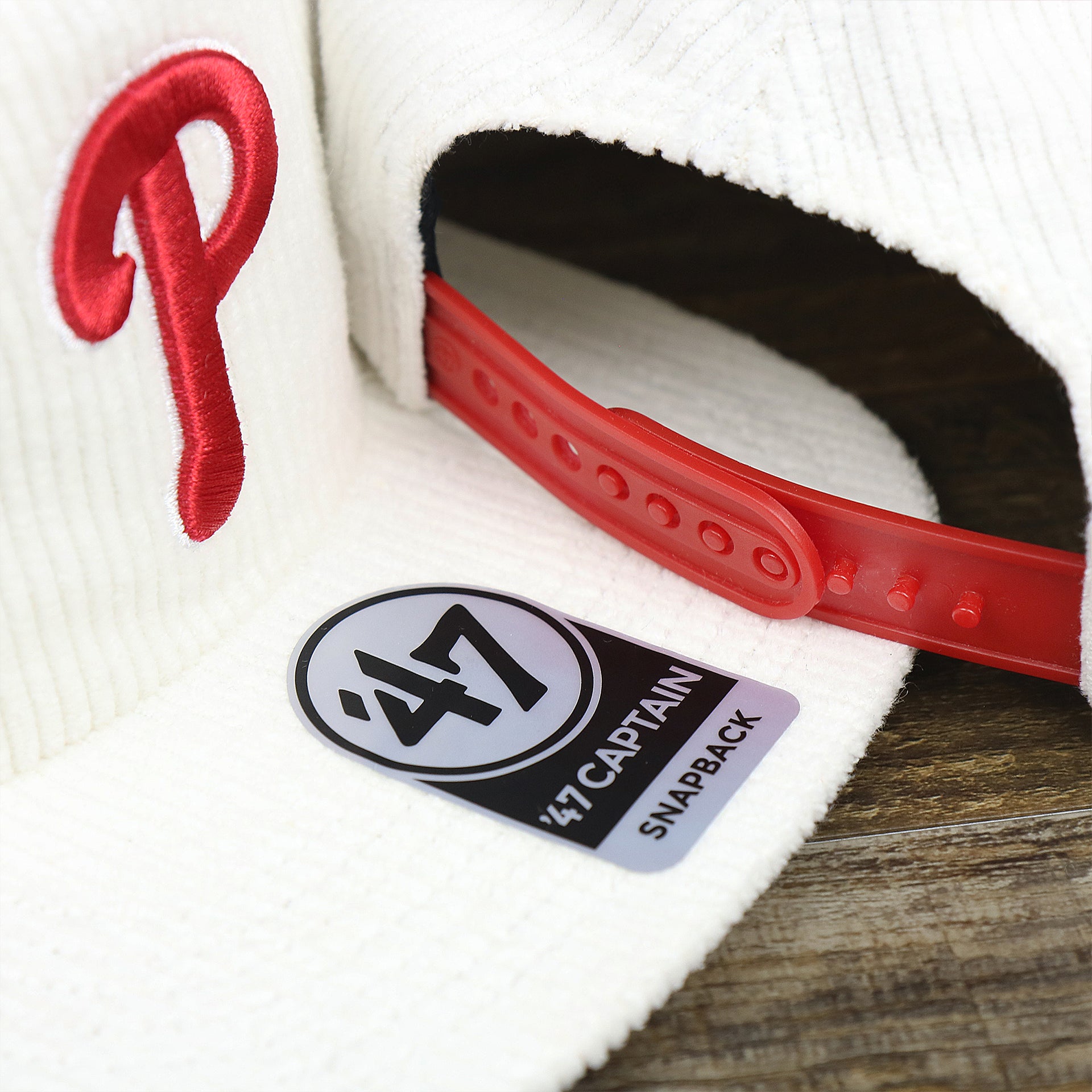 The 47 Brand Sticker on the Philadelphia Phillies Corduroy Snapback Hat | White Corduroy Snap Cap