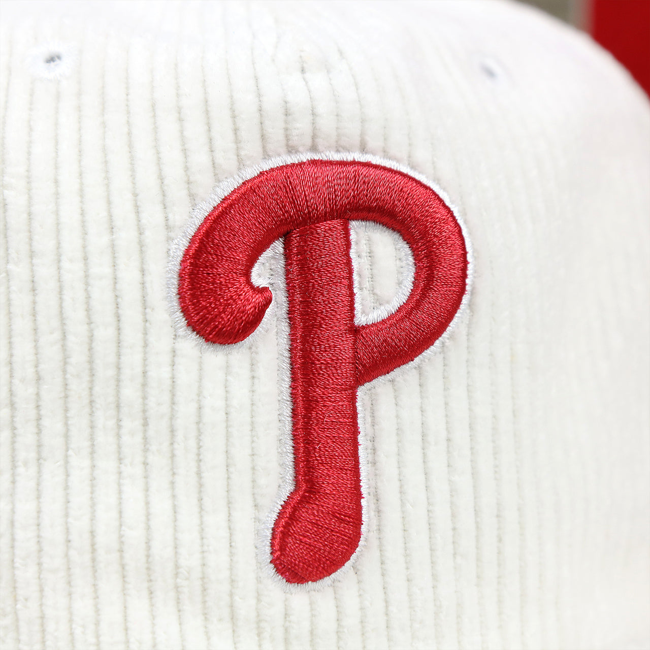 The Phillies Logo on the Philadelphia Phillies Corduroy Snapback Hat | White Corduroy Snap Cap