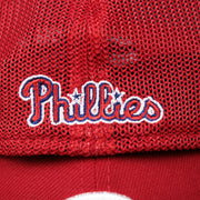The Phillies Wordmark Logo on the Philadelphia Phillies Metallic All Star Game MLB 2022 Side Patch 39Thirty Mesh FlexFit Cap | ASG 2022 Red 39Thirty Cap