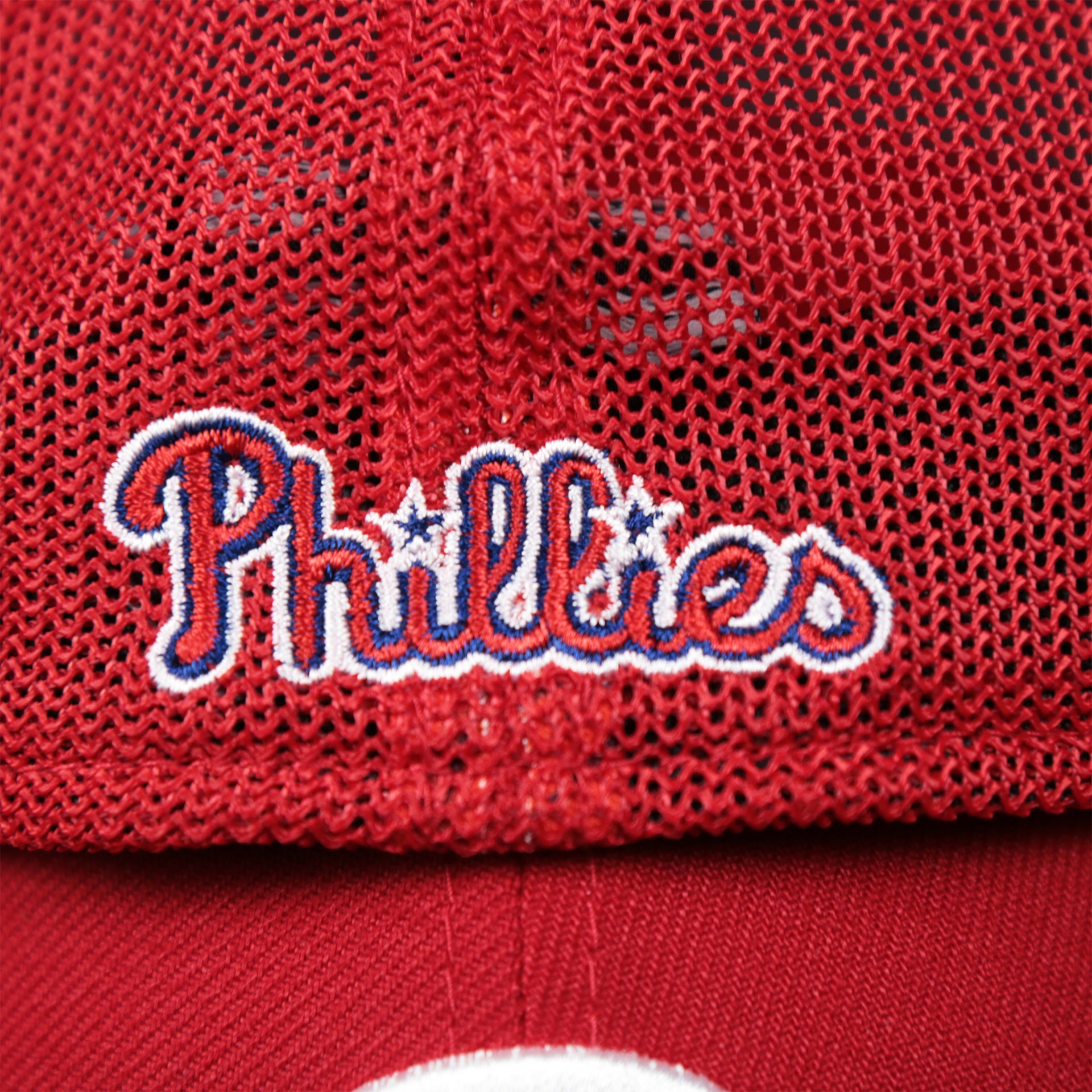 The Phillies Wordmark Logo on the Philadelphia Phillies Metallic All Star Game MLB 2022 Side Patch 39Thirty Mesh FlexFit Cap | ASG 2022 Red 39Thirty Cap