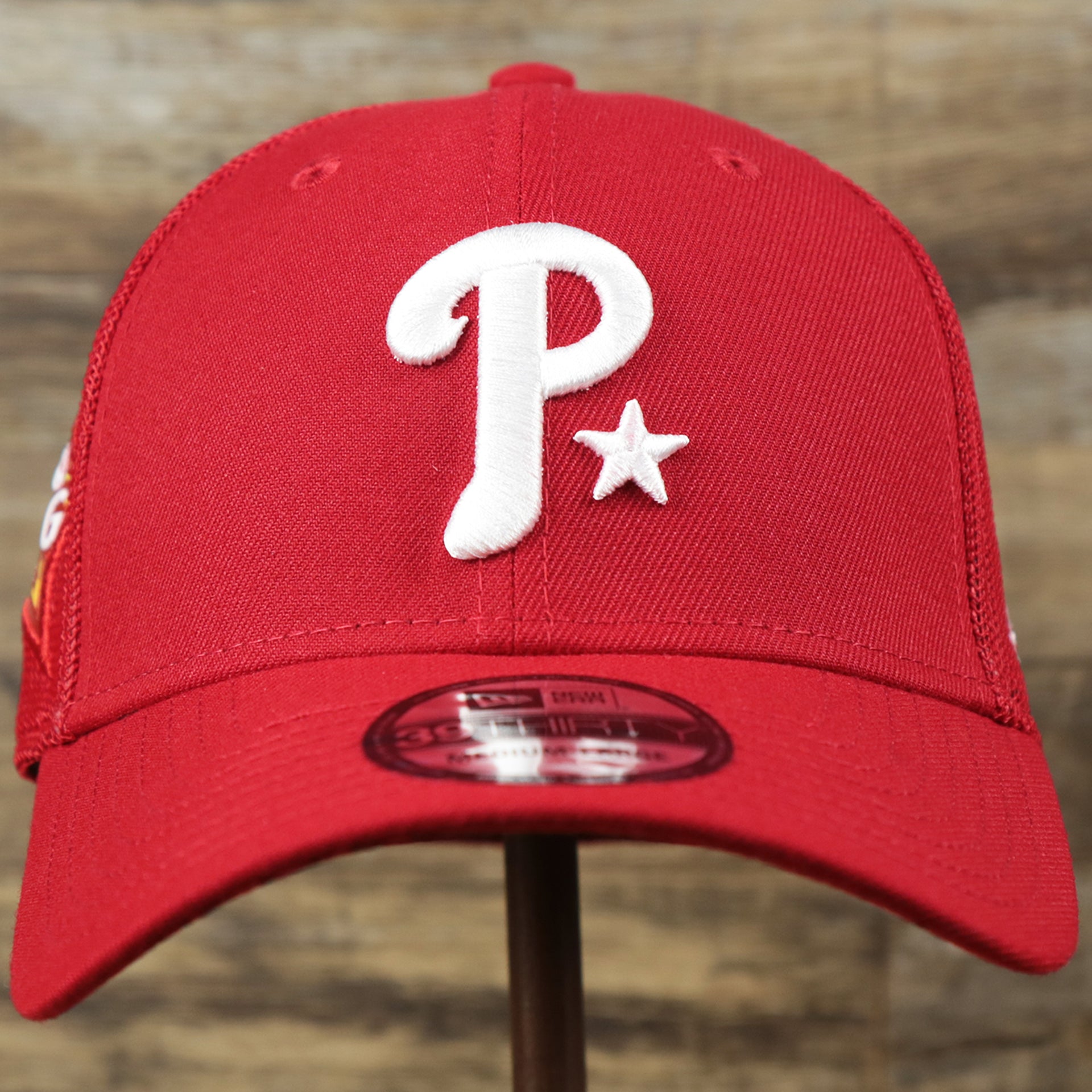 The front of the Philadelphia Phillies Metallic All Star Game MLB 2022 Side Patch 39Thirty Mesh FlexFit Cap | ASG 2022 Red 39Thirty Cap