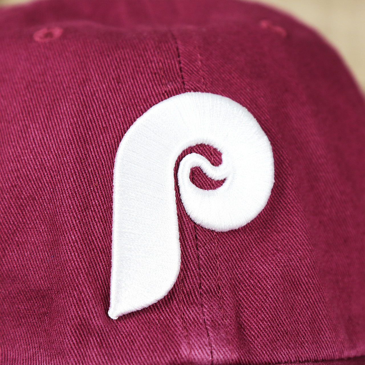 The Phillies Logo on the Cooperstown Philadelphia Phillies White Cooperstown Logo Dad Hat | Cardinal Dad Hat