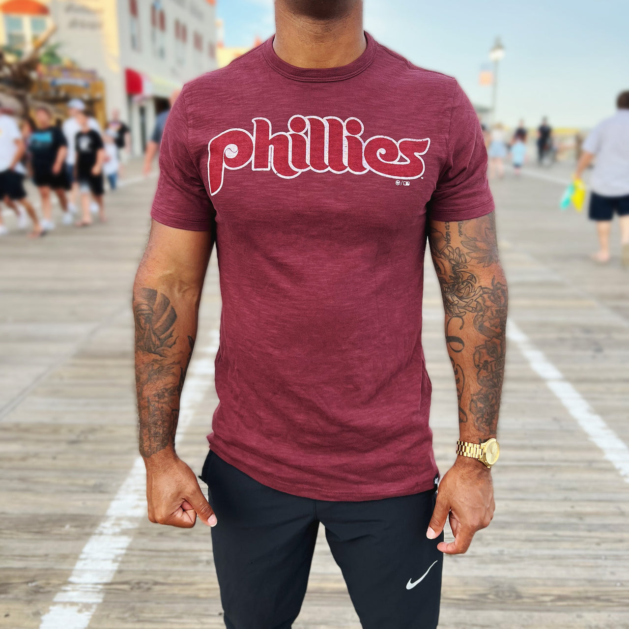 The front of the Cooperstown Philadelphia Phillies Retro Phillies Wordmark MLB T-Shirt | Maroon Tshirt 