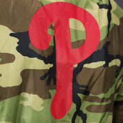 The Red Phillies Logo on the Philadelphia Phillies MLB Patch Alpha Industries Reversible Bomber Jacket With Camo Liner | Red Bomber Jacket