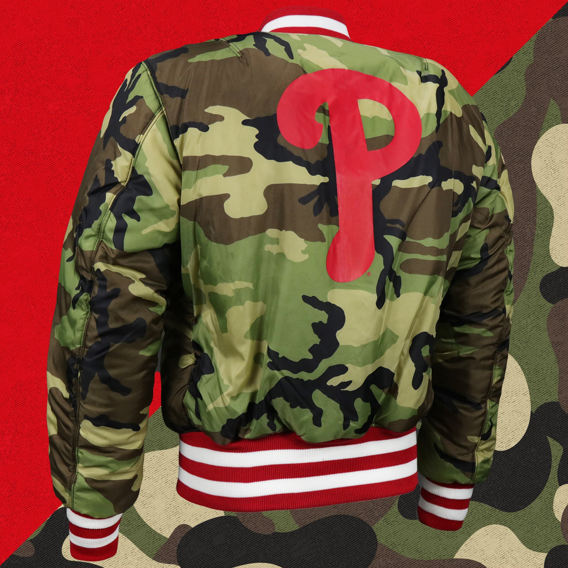 The backside of the Camo Liner on the Philadelphia Phillies MLB Patch Alpha Industries Reversible Bomber Jacket With Camo Liner | Red Bomber Jacket