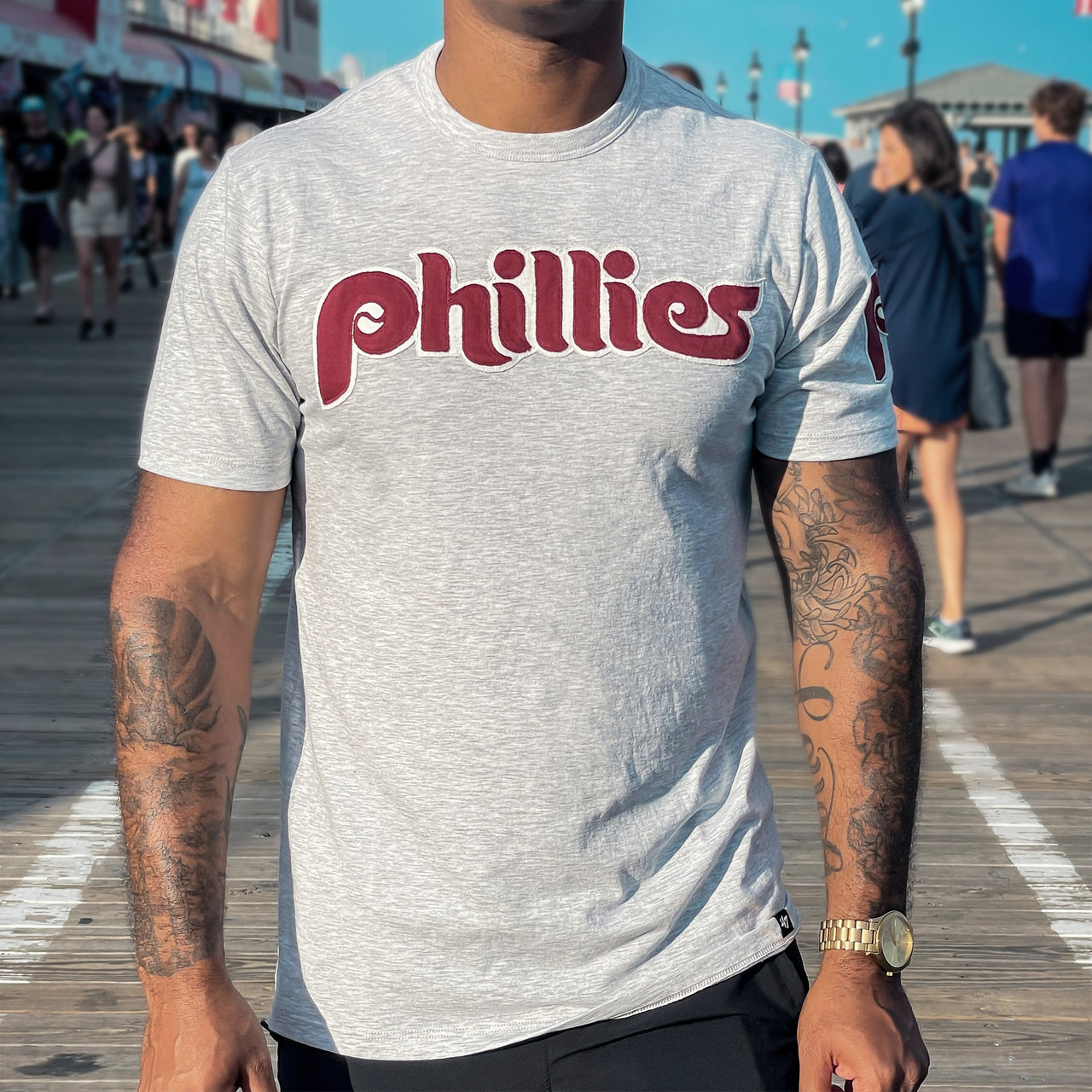 The front of Cooperstown Philadelphia Phillies Wordmark Relay TShirt With Cooperstown Logo On Sleeve | Gray Tshirt