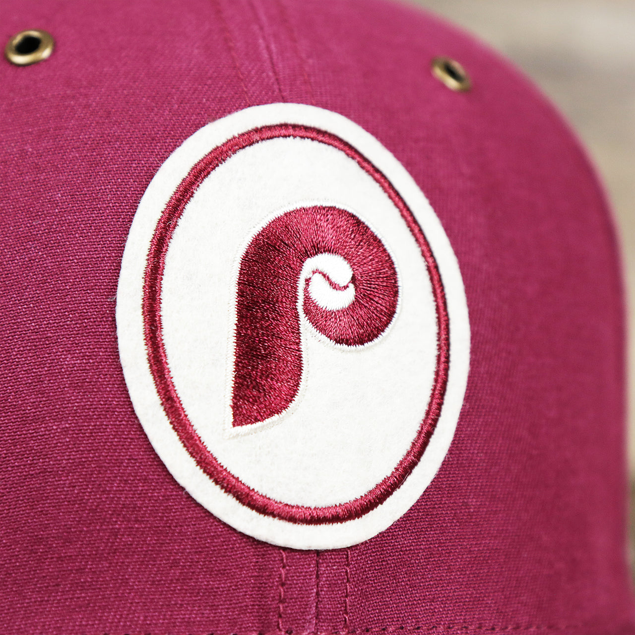 The Felt Phillies Logo on the Cooperstown Philadelphia Phillies Felt Phillies Logo Snapback Hat | Cardinal Snapback Cap