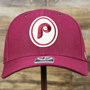 The front of the Cooperstown Philadelphia Phillies Felt Phillies Logo Snapback Hat | Cardinal Snapback Cap