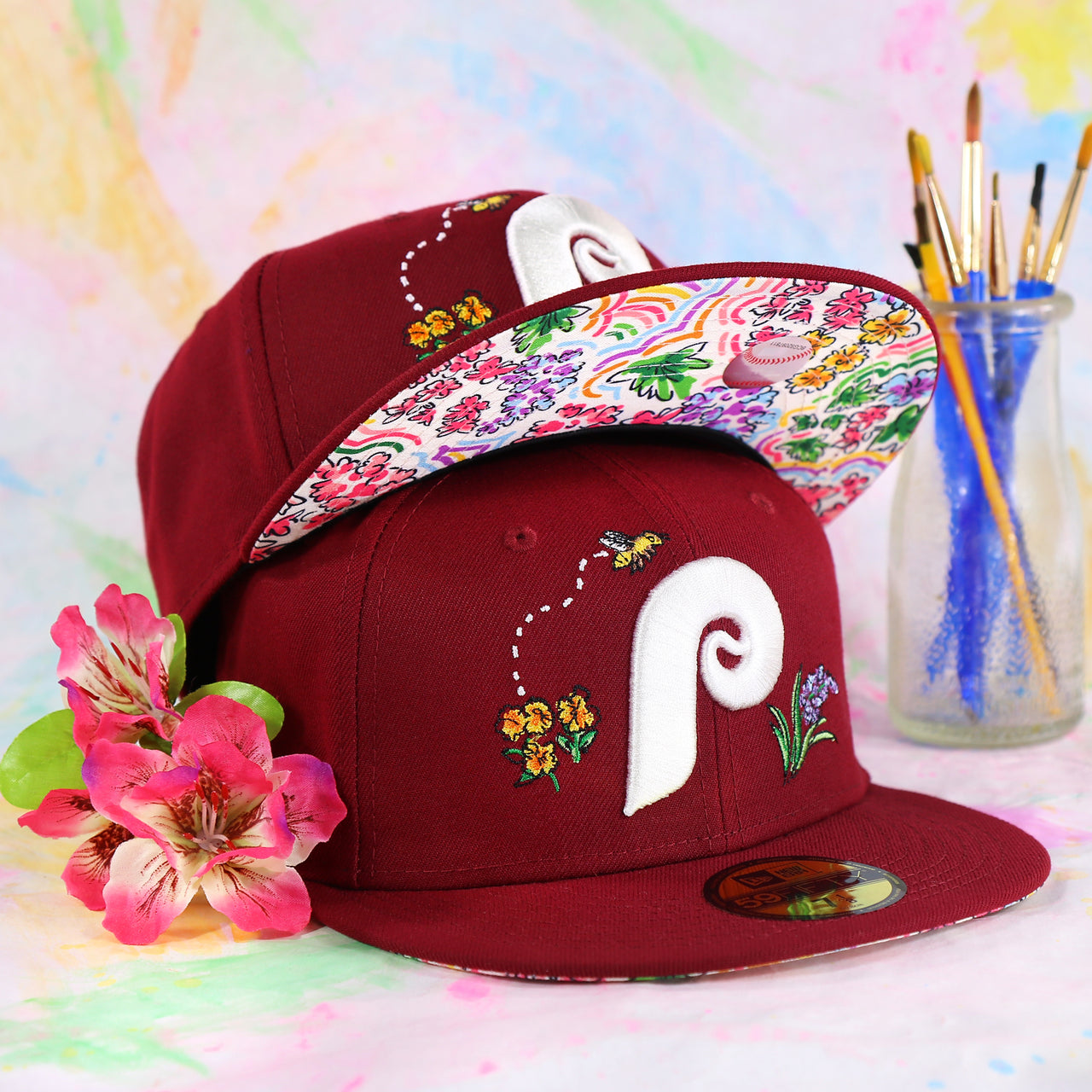 Cooperstown Philadelphia Phillies Floral Print Undervisor Spring Embroidery 59Fifty Fitted Cap | Maroon 59Fifty Cap