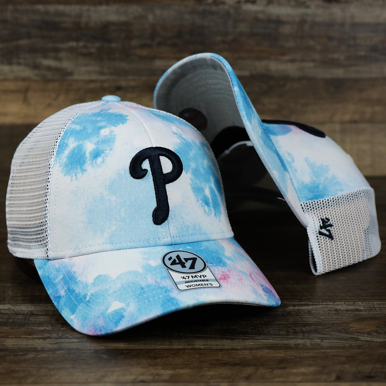 The Women’s Philadelphia Phillies Tie Dye Print Gray Bottom Mesh Trucker Hat | White Mesh Snapback