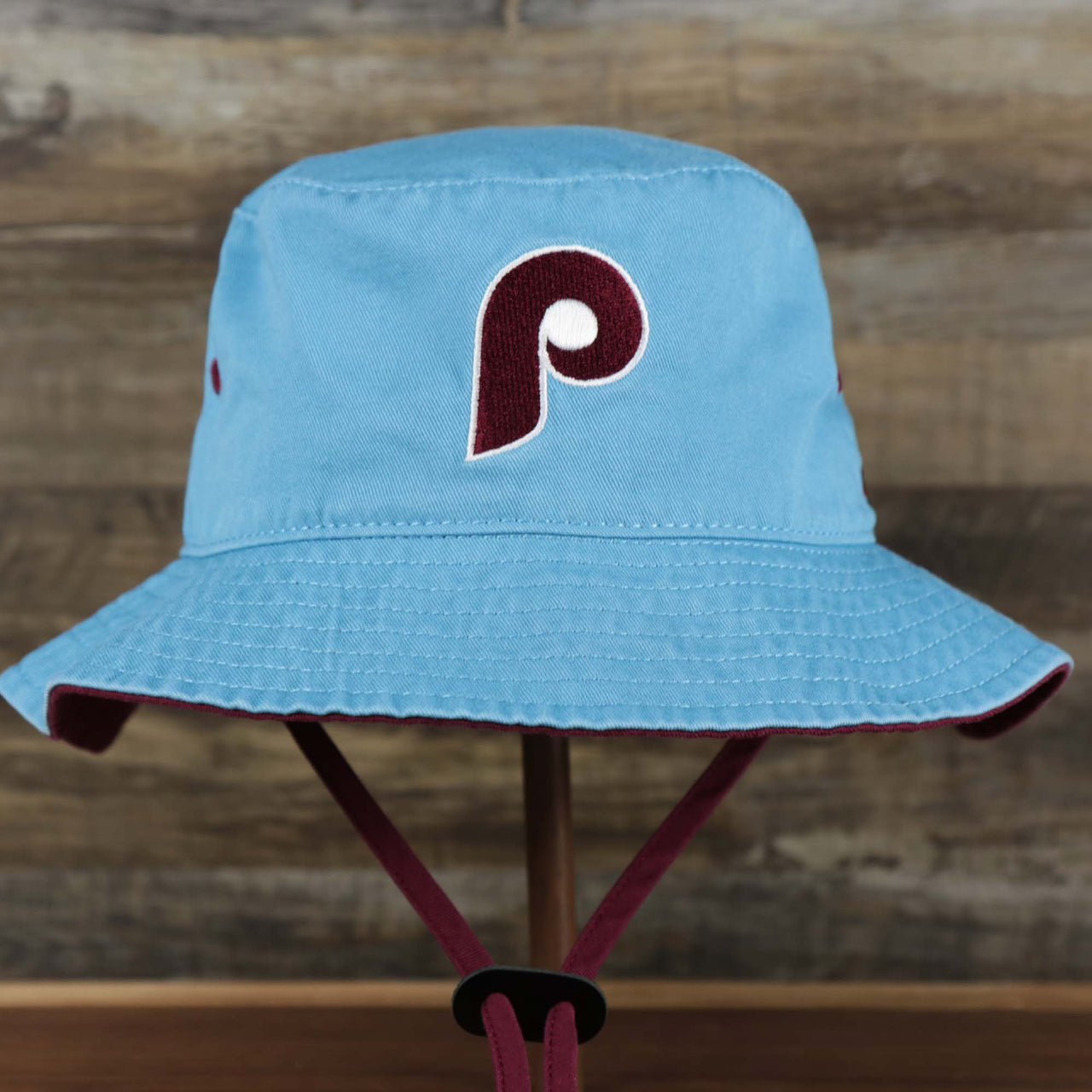 The front of the Cooperstown Philadelphia Phillies Vintage 80s Bucket Hat | 47 Brand, Light Blue