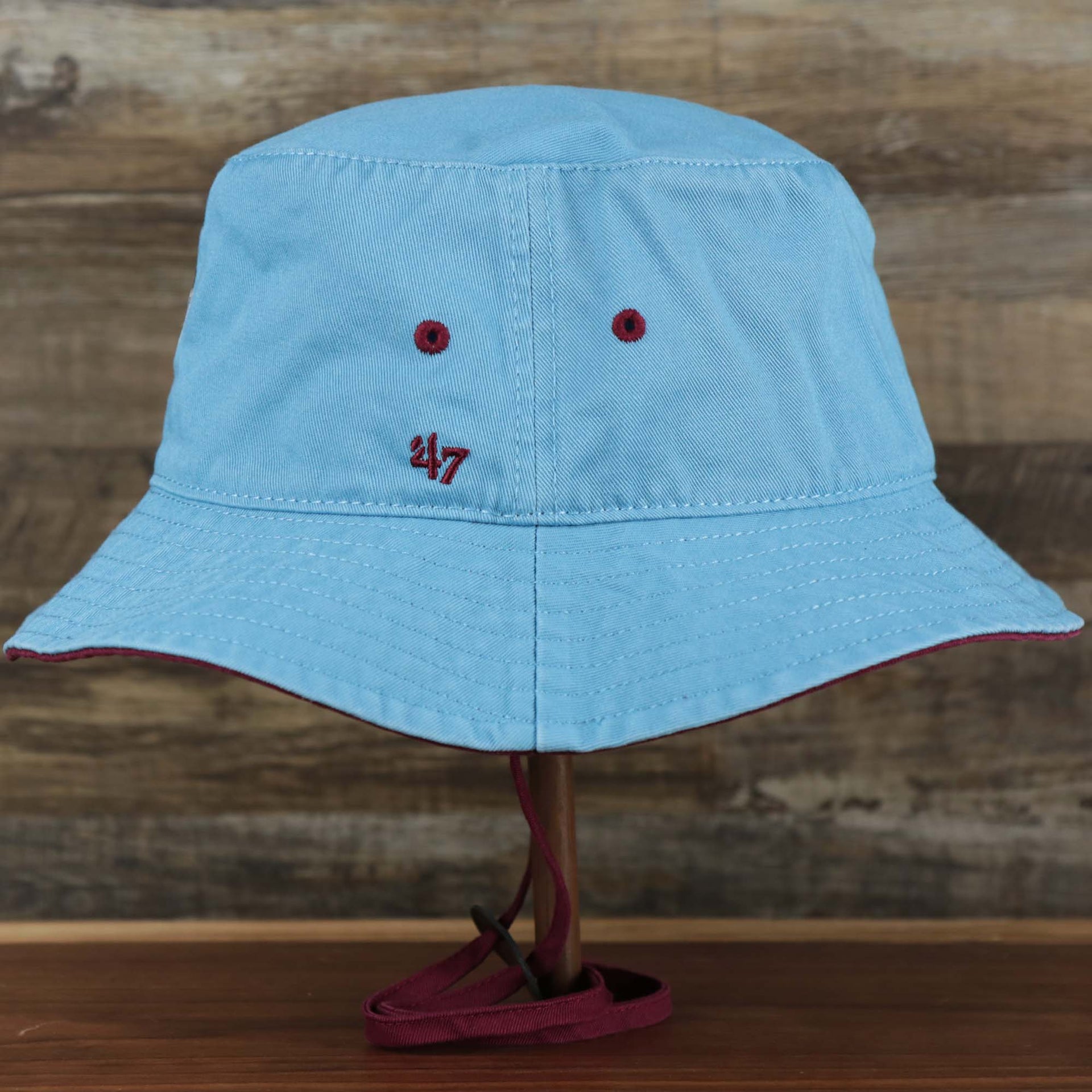 The wearer's left on the Cooperstown Philadelphia Phillies Vintage 80s Bucket Hat | 47 Brand, Light Blue