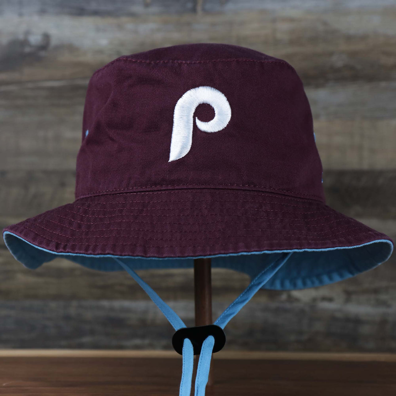 The front of the Cooperstown Philadelphia Phillies Vintage Bucket Hat | 47 Brand, Dark Maroon