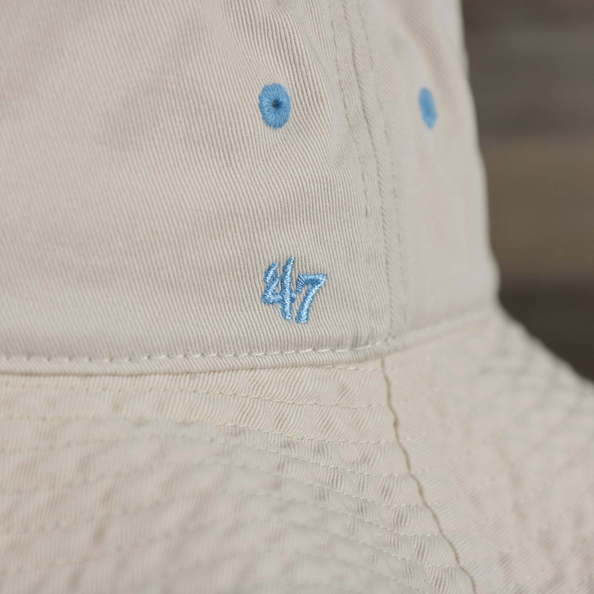 A close up of the 47Brand logo on the Cooperstown Philadelphia Phillies Vintage 80s Bucket Hat | 47 Brand, Natural