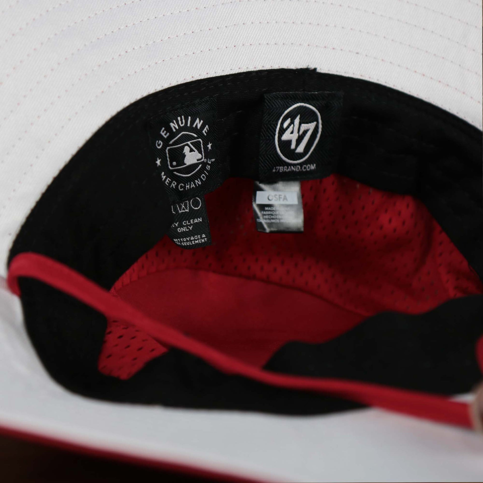 The tags on the Philadelphia Phillies Panama Pail Fightin Phils Bucket Hat | 47 Brand, Red
