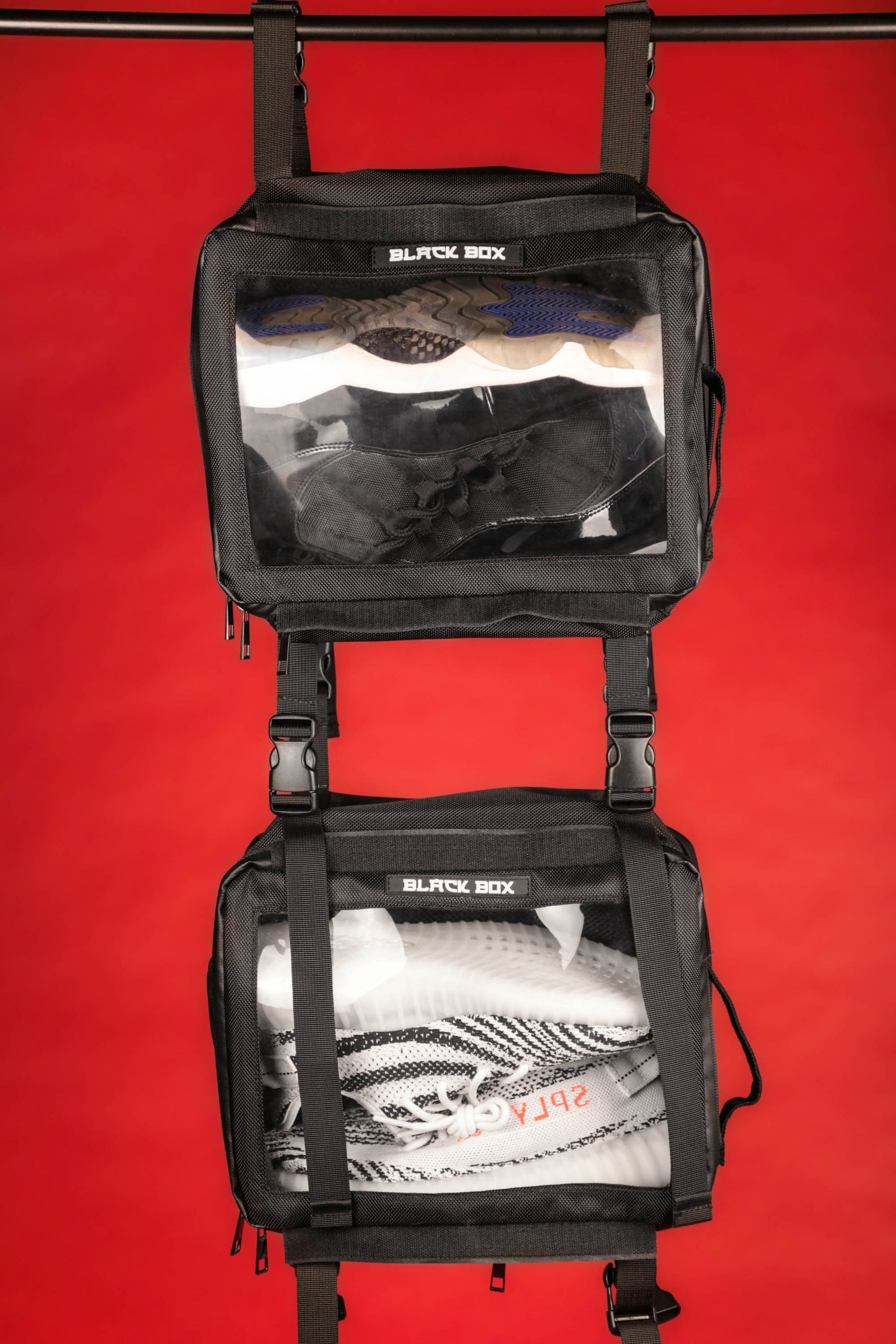The modular sections on the Black Box Portable Hanging Sneaker Bag For Travel and Storage With Clear Window
