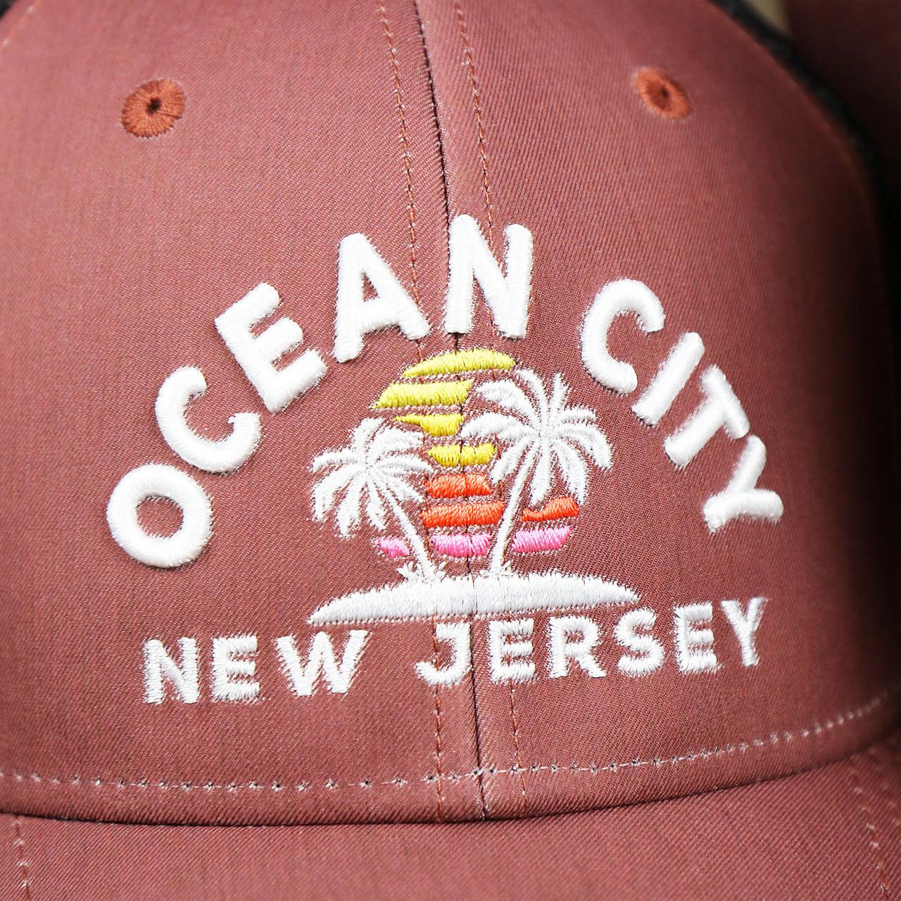 Ocean City Sunset Palm New Jersey Black Mesh Stretch Fit Hat | Burgundy And Black Stretch Fit Hat