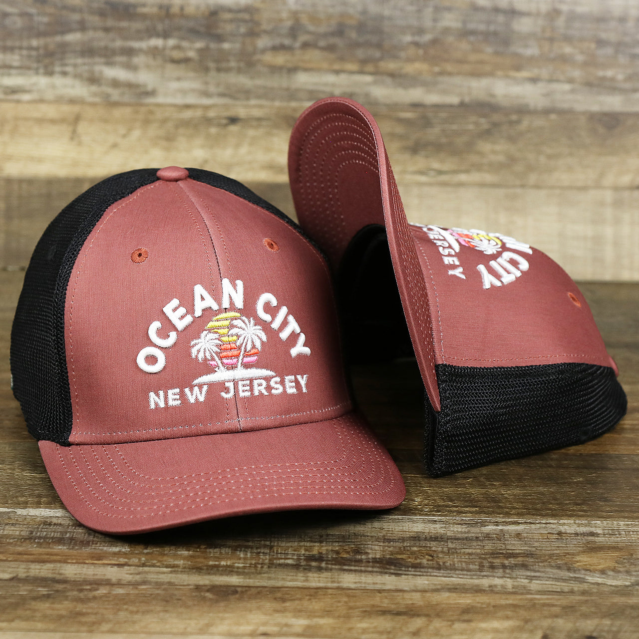 Ocean City Sunset Palm New Jersey Black Mesh Stretch Fit Hat | Burgundy And Black Stretch Fit Hat