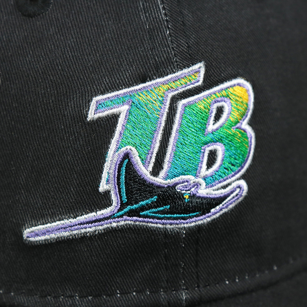 The Rays Logo on the Cooperstown Tampa Bay Rays 1998s Logo Worn Colorway Mesh Back 9Forty Dad Hat | Black 9Forty Hat