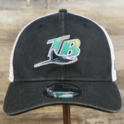 The front of the Cooperstown Tampa Bay Rays 1998s Logo Worn Colorway Mesh Back 9Forty Dad Hat | Black 9Forty Hat