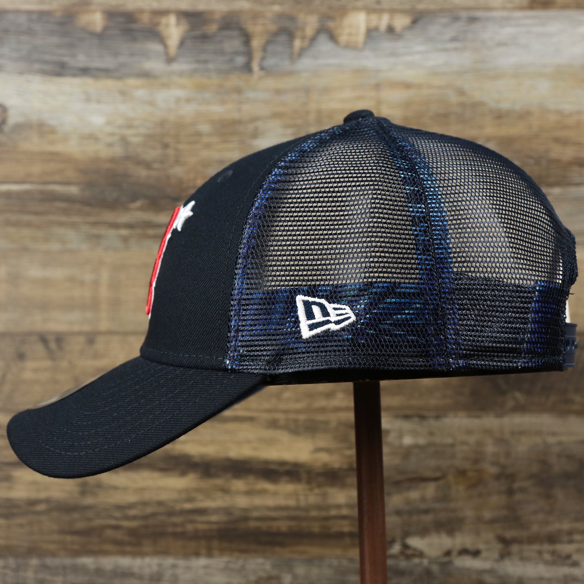 The wearer's left Boston Red Sox Metallic All Star Game MLB 2022 Side Patch 9Forty Mesh Trucker | ASG 2022 Navy Blue Trucker Hat