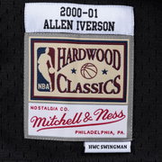 Close up of the woven jock tag on the Allen Iverson 2000-2001 Philadelphia 76ers NBA Playoffs Throwback SwingMan Jersey | Black, Mitchell and Ness