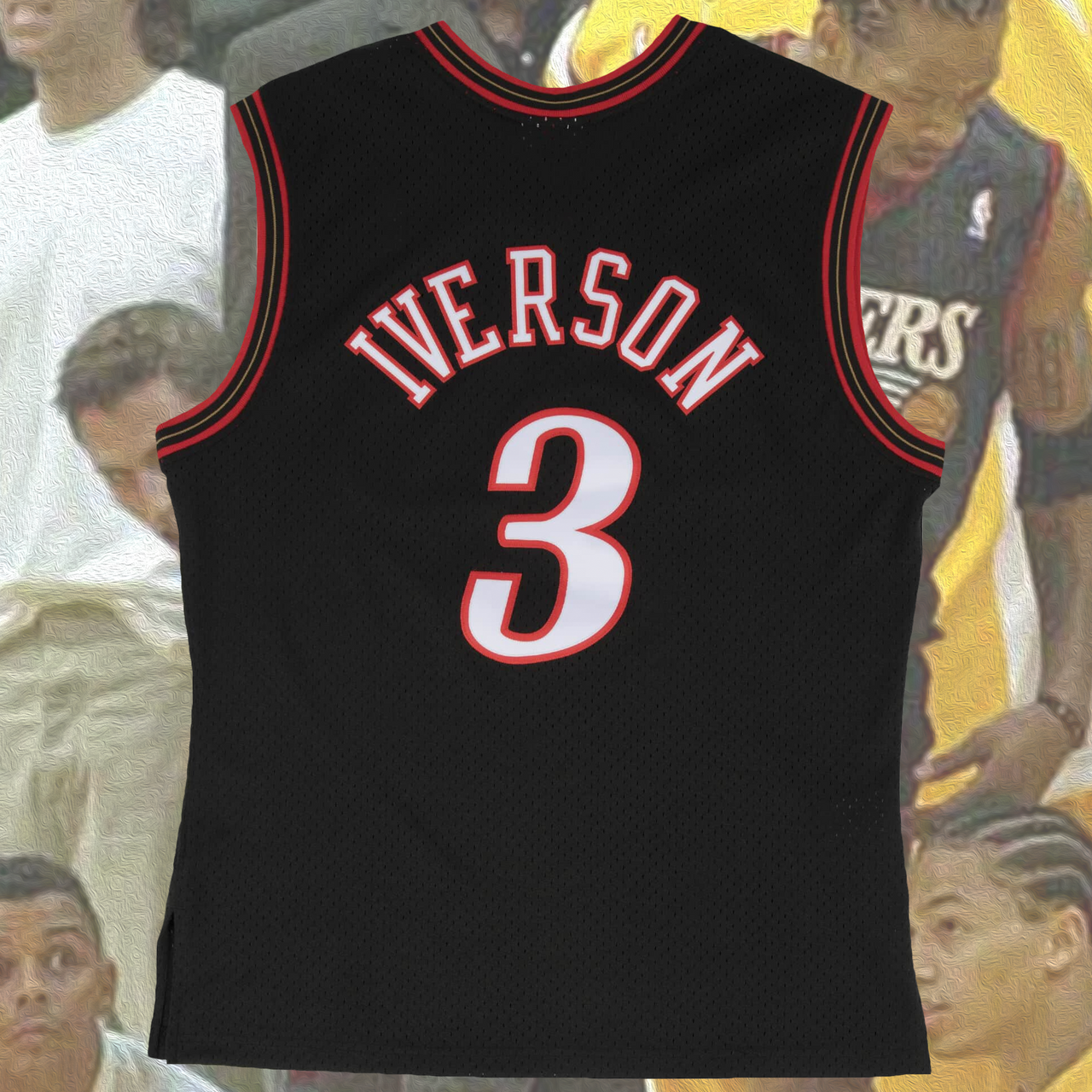 Back of the Allen Iverson 2000-2001 Philadelphia 76ers NBA Playoffs Throwback SwingMan Jersey | Black, Mitchell and Ness