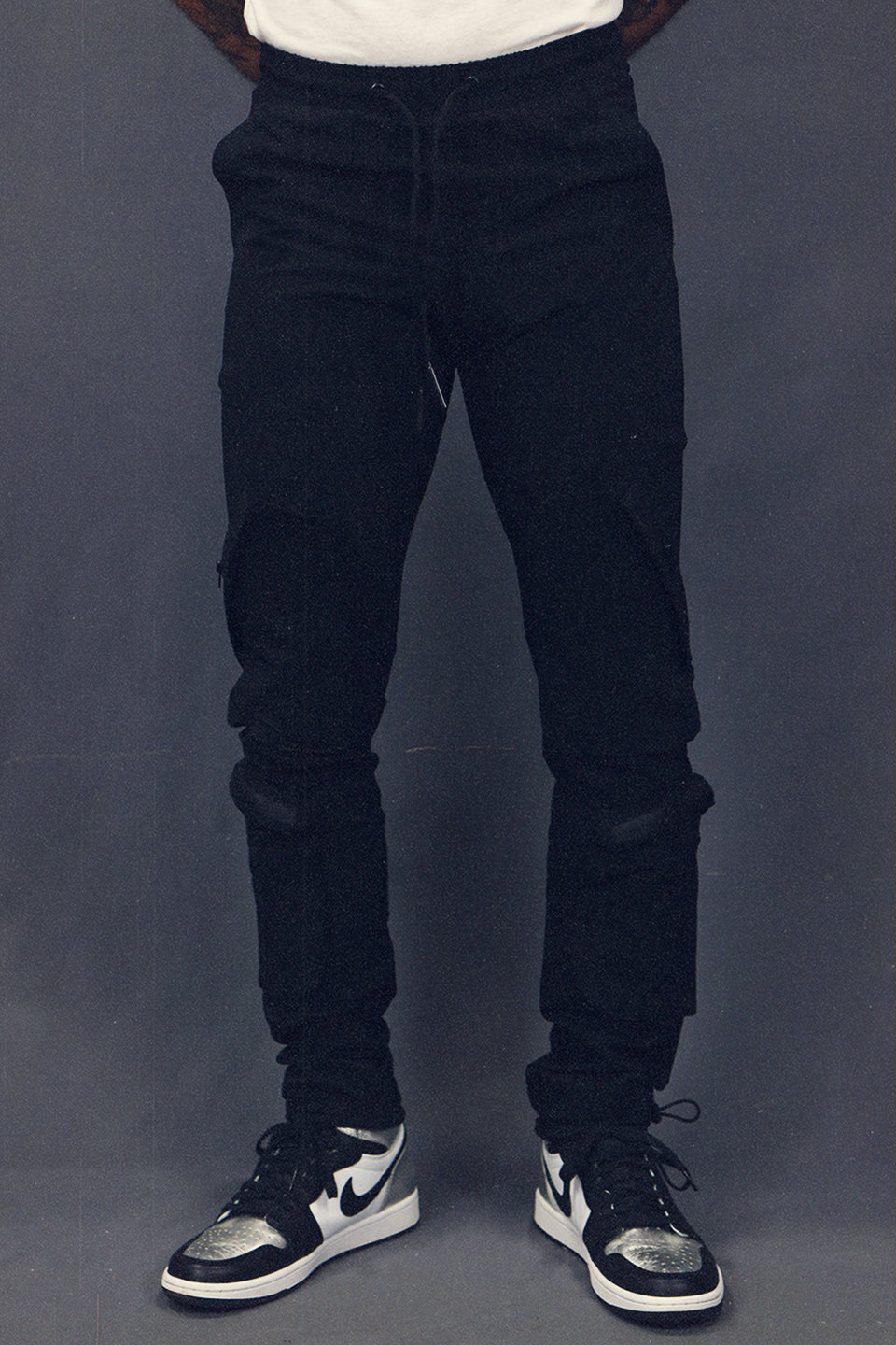 Men's Tactical Nylon Track Pants Street Sweatpants Utility Joggers with Zipper Pockets | Black front view
