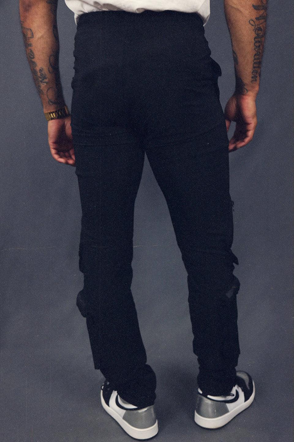 Men's Tactical Nylon Track Pants Street Sweatpants Utility Joggers with Zipper Pockets | Black back view