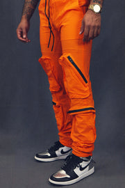 Men's Tactical Nylon Track Pants Street Sweatpants Utility Joggers with Zipper Pockets | Orange side view