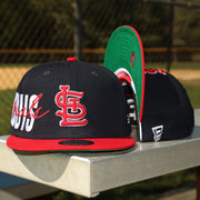 The front of the Saint Louis Cardinals MLB Side Font Green Bottom 9Fifty Snapback Cap | Black Snap Cap