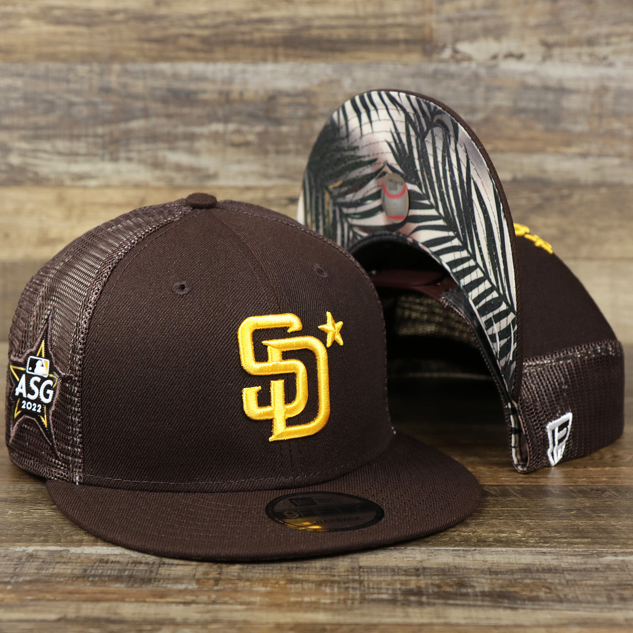 The San Diego Padres Metallic All Star Game MLB 2022 Side Patch 9Fifty Mesh Snapback | ASG 2022 Brown Trucker Hat