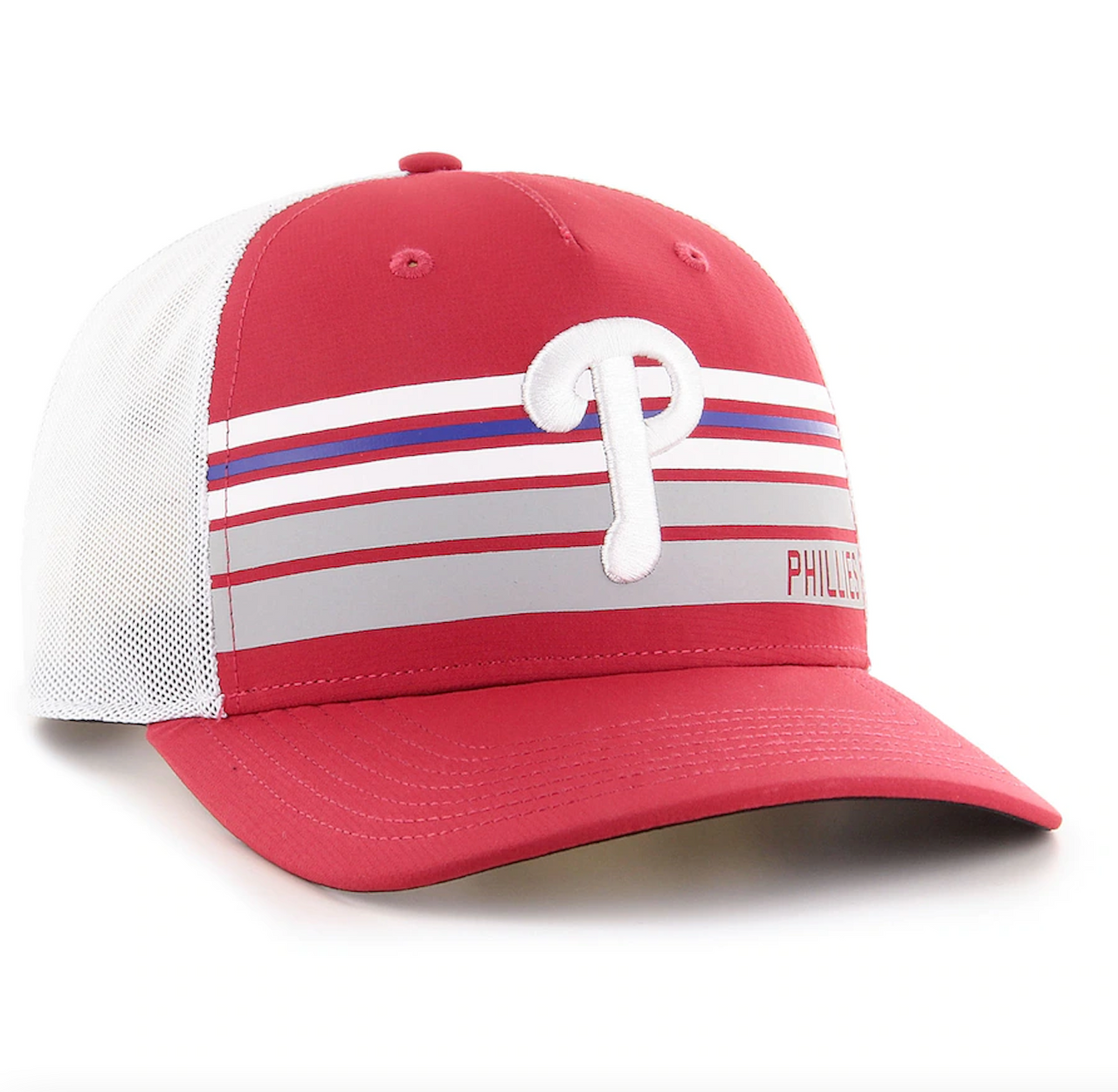 front right of the Philadelphia Phillies Red Striped Adjustable Trucker Snapback