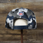 The backside of the Seattle Seahawks NFL OnField Summer Training 2022 Camo 9Fifty Snapback | Navy Blue Camo 9Fifty
