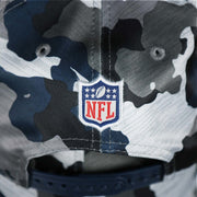 The NFL Logo Patch on the back of the Seattle Seahawks NFL OnField Summer Training 2022 Camo 9Fifty Snapback | Navy Blue Camo 9Fifty