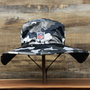 The backside of the Seattle Seahawks NFL Summer Training Camp 2022 Camo Bucket Hat | Navy Bucket Hat