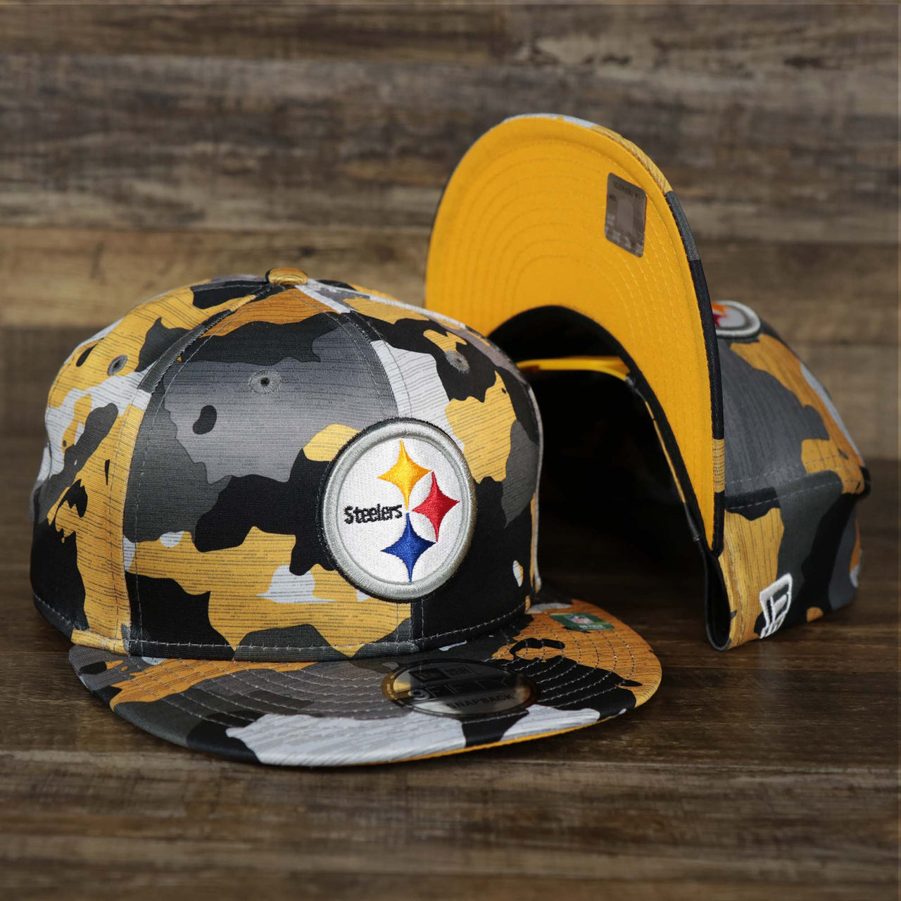 The Pittsburgh Steelers NFL OnField Summer Training 2022 Camo 9Fifty Snapback | Yellow Camo 9Fifty