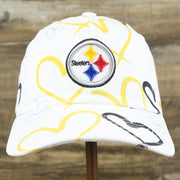 The front of the Kids Pittsburgh Steelers Hearts All Over Print Dad Hat | White Kid’s Dad Hat