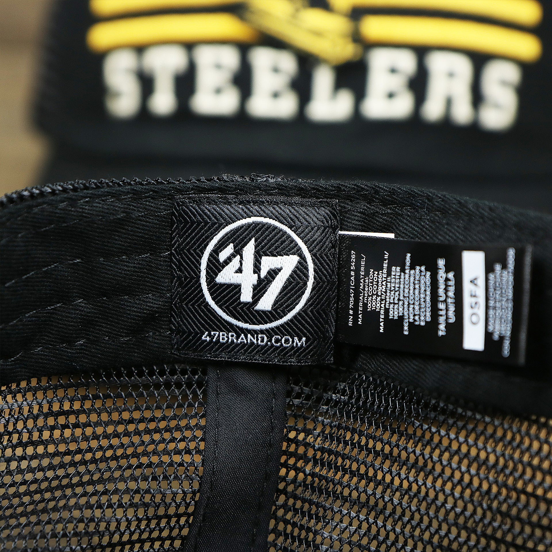 The 47 Brand Tag on the Throwback Pittsburgh Steelers Legacy Logo Highpoint Mesh Back Dad Hat | Mesh Back Black Dad Hat