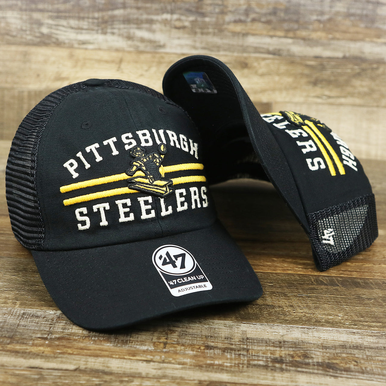 The Throwback Pittsburgh Steelers Legacy Logo Highpoint Mesh Back Dad Hat | Mesh Back Black Dad Hat