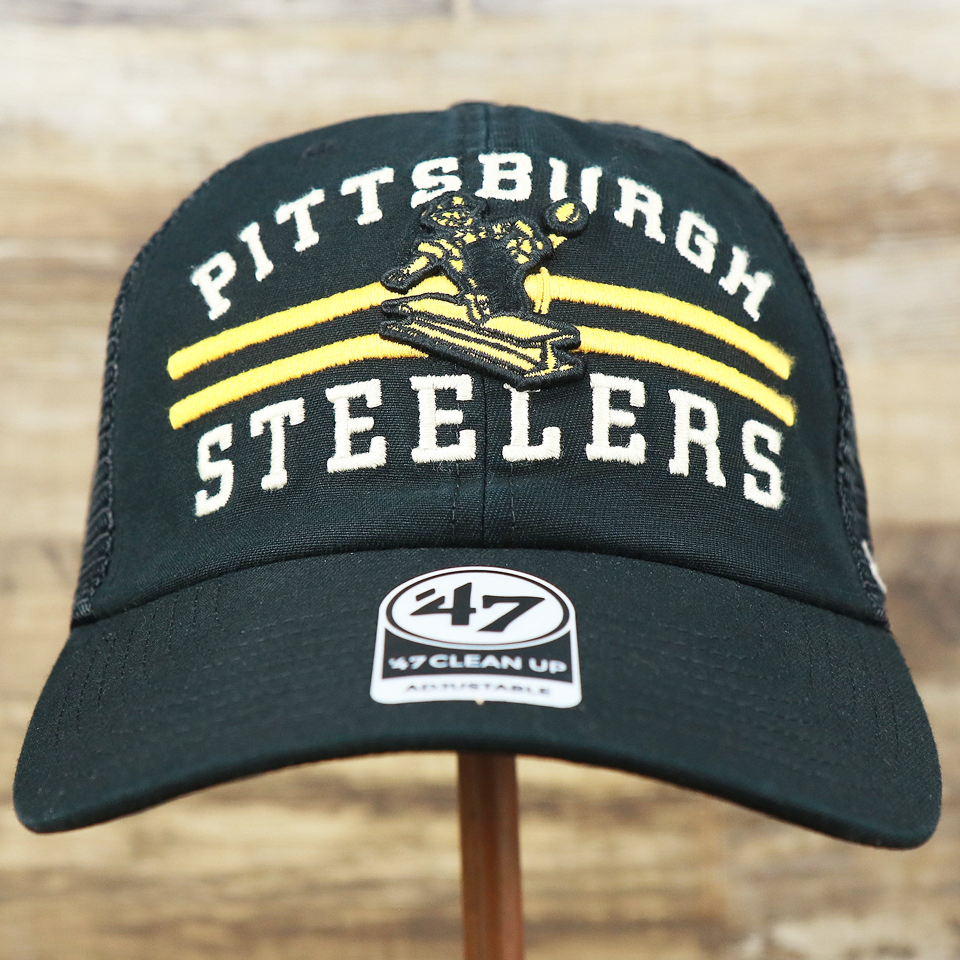 The front of the Throwback Pittsburgh Steelers Legacy Logo Highpoint Mesh Back Dad Hat | Mesh Back Black Dad Hat