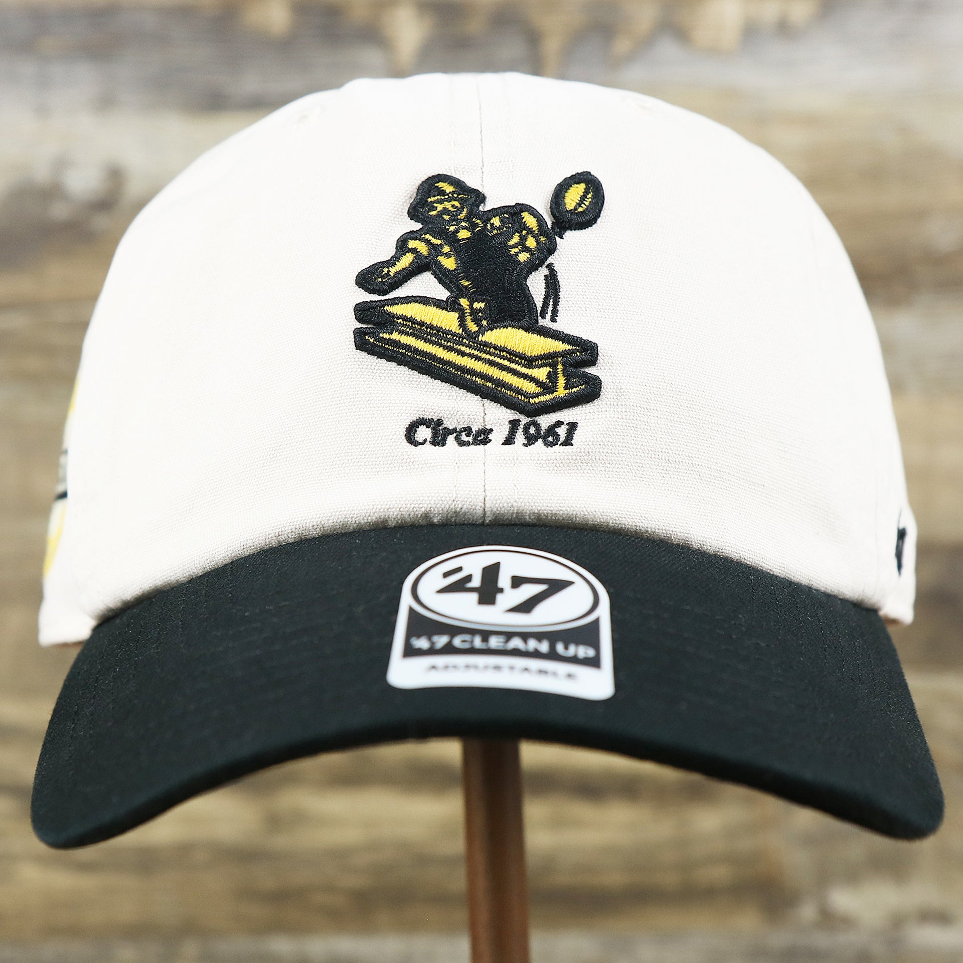 The front of the Throwback Pittsburgh Steelers Embroidered 1987 Steelers Logo NFL Steelers Side Patch Dad Hat | Bone Dad Hat