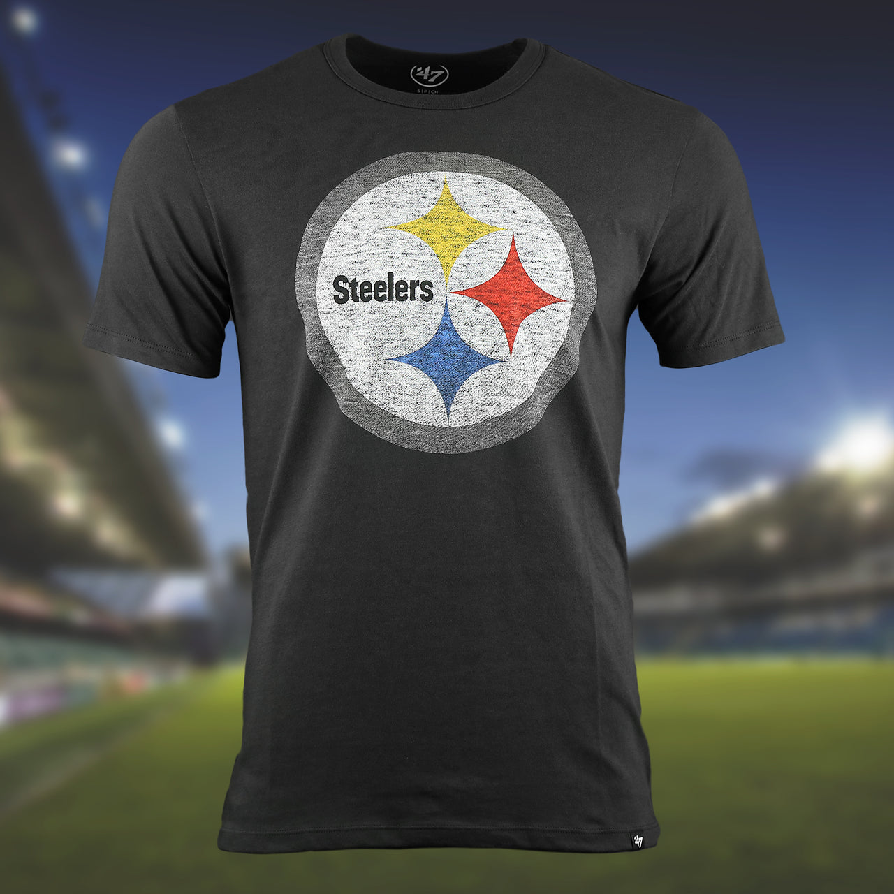 The Pittsburgh Steelers Premier Franklin Worn Printed Steelers Logo Tshirt | Flint Black Tshirt
