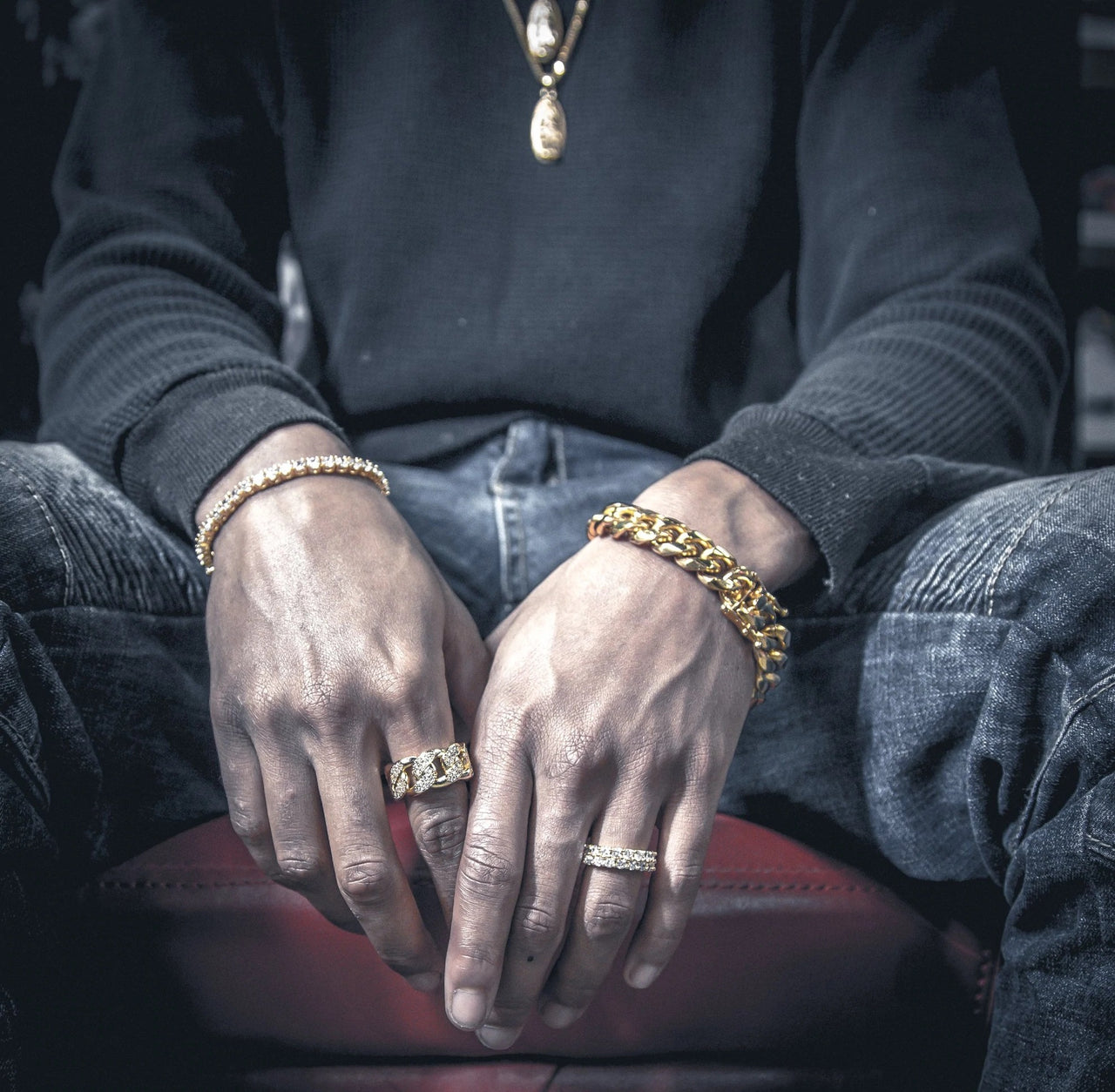 The Iced Out 18K Gold Plated Studded Cuban Link Ring | Golden Gilt with matching bracelet