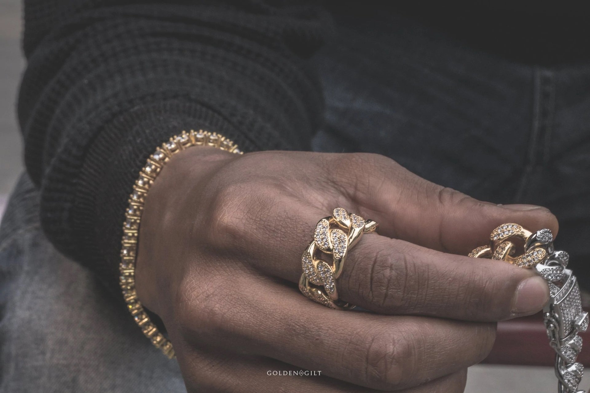 The Iced Out 18K Gold Plated Studded Cuban Link Ring | Golden Gilt with matching bracelets 