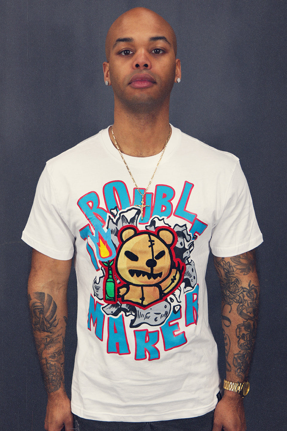 front of the Men's Streetwear Graphic T-Shirt Hype Beast Trouble Maker Streetwear Clothing | White