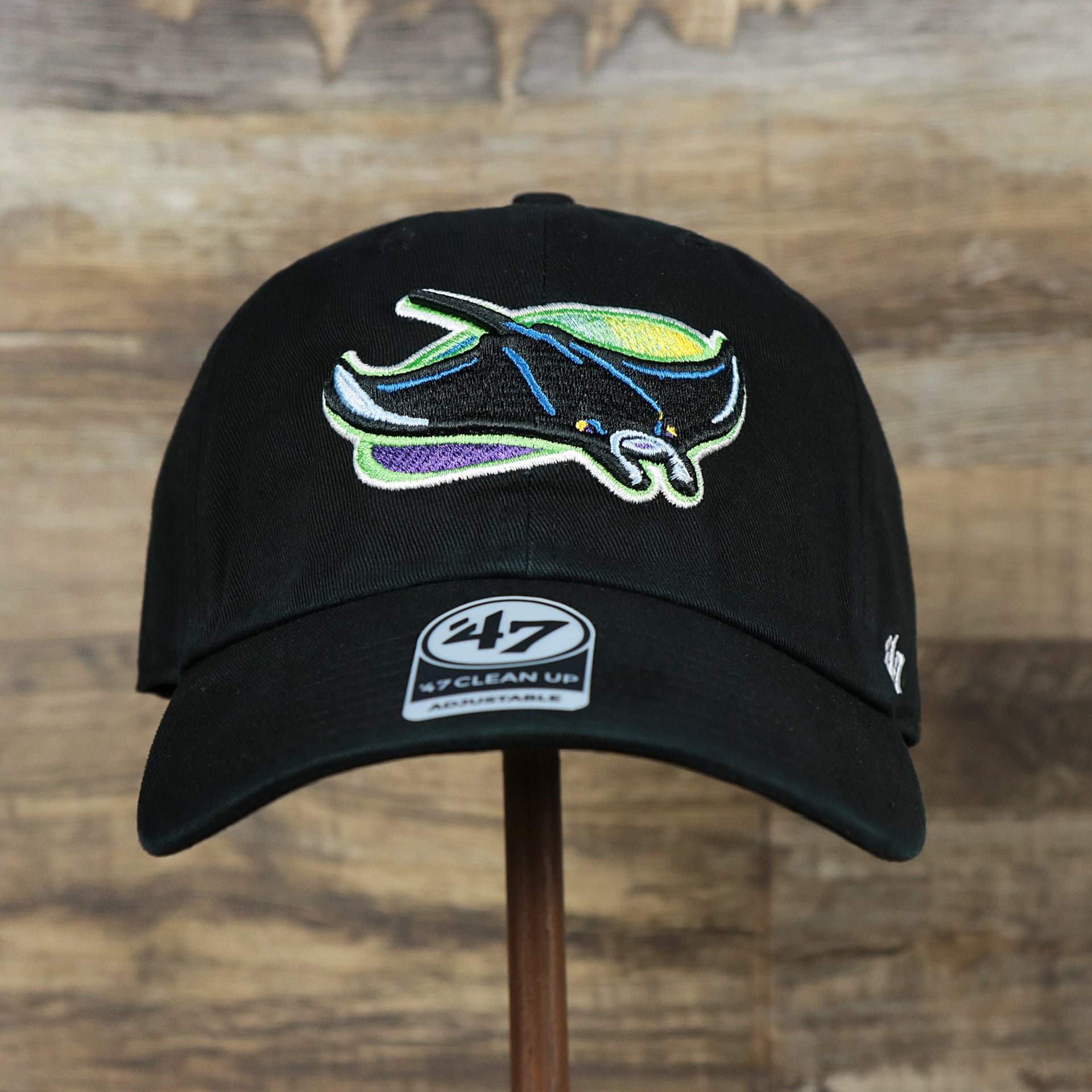 The front of the Cooperstown Tampa Bay Rays Vintage Rays Logo Dad Hat | Black Dad Hat