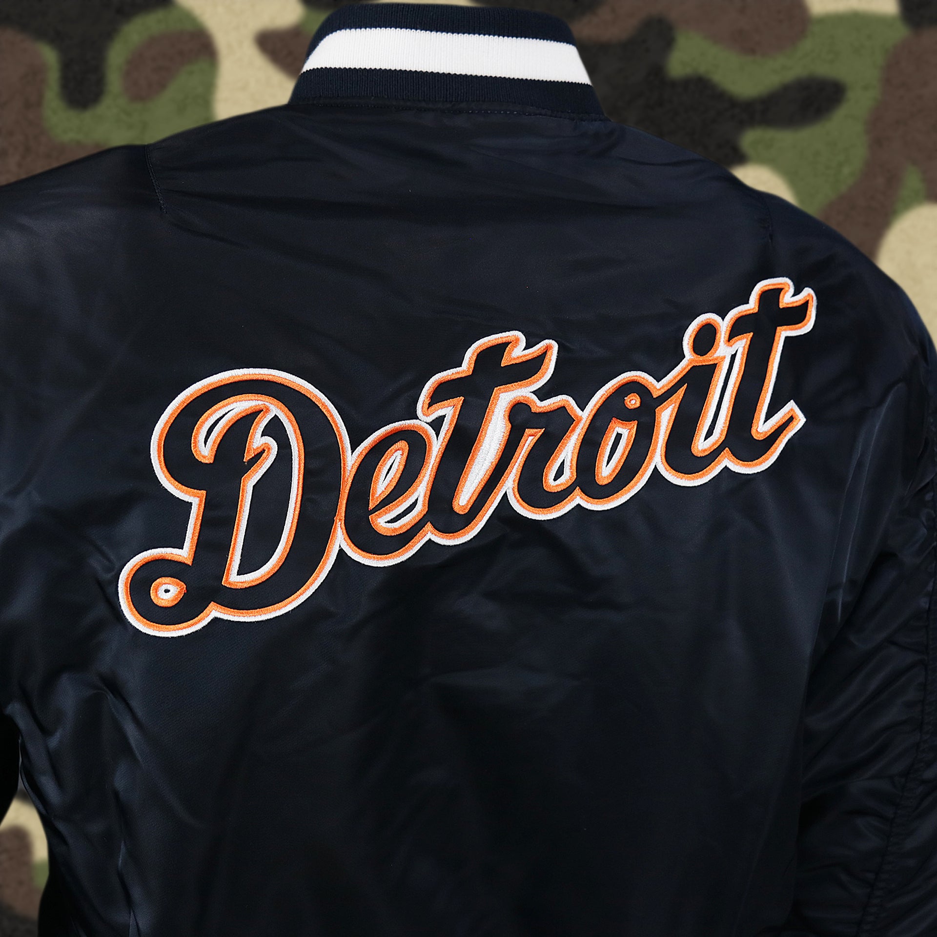 The Detroit Tigers MLB Patch Alpha Industries Reversible Bomber Jacket With Camo Liner | Navy Blue Bomber Jacket