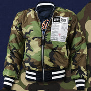 The front of the Camo Liner on the Detroit Tigers MLB Patch Alpha Industries Reversible Bomber Jacket With Camo Liner | Navy Blue Bomber Jacket